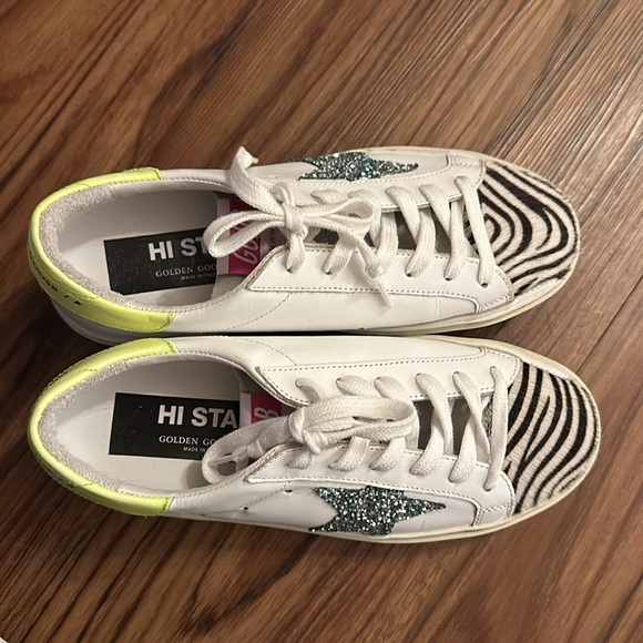 Golden Goose All Hi Star Sneakers with Light Blue Glitter Star and Zebra Print - Picture 8 of 11